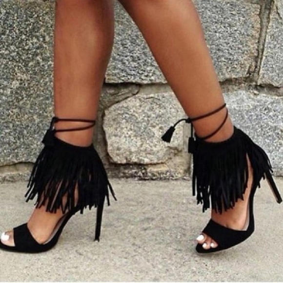 Zara Shoes - Zara Black Suede Fringe ankle strap Heel sandals